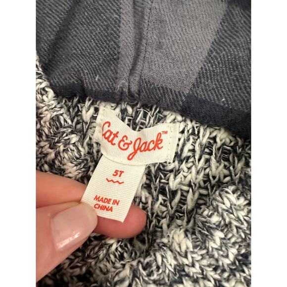 Cat & Jack blue/gray marled hooded sweater top with plaid hood, size 5T - Picture 4 of 5